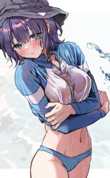 aqua_eyes bikini black_hat blue_archive blue_bikini breasts hat highres long_sleeves looking_at_viewer medium_breasts navel official_alternate_costume purple_hair saki_(blue_archive) saki_(swimsuit)_(blue_archive) saya_(mychristian2) short_hair swimsuit thighs wet wet_clothes