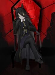 Rule 34 | 1girl, ahoge, barbed wire, black coat, black gloves, black hair, black pantyhose, black shirt, black shoes, black skirt, chair, closed mouth, coat, collared shirt, crossed legs, ear tag, earrings, gloves, grey hair, hair between eyes, hand up, head rest, head tilt, highres, jewelry, long bangs, long hair, long hair between eyes, long sleeves, looking at viewer, manhattan cafe (umamusume), multicolored hair, necktie, open clothes, open coat, pantyhose, pleated skirt, red theme, shirt, shoes, single earring, sitting, skirt, smile, solo, thefatum, umamusume, upper body, very long hair, yellow eyes, yellow necktie