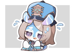 1girl @_@ absurdres aeval_(genshin_impact) animal_ears aqua_coat blue_hat blush border bow bowtie brown_hair buttons coat commentary_request flying_sweatdrops genshin_impact grey_background hat highres long_sleeves melusine_(genshin_impact) open_clothes open_coat open_mouth outline outside_border parted_bangs peaked_cap pink_bow pink_bowtie purple_eyes shinonome_nashi short_hair simple_background solo sweat swept_bangs upper_body white_border white_outline