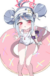 1girl absurdres antenna_hair armband blue_archive blue_hair breasts commentary donut_innertube double_bun feet_out_of_frame fubuki_(blue_archive) fubuki_(swimsuit)_(blue_archive) hair_bun halo highres multicolored_hair natsukari_na official_alternate_costume one-piece_swimsuit pink_halo red_eyes school_swimsuit simple_background small_breasts solo swimsuit whistle whistle_around_neck white_background white_one-piece_swimsuit
