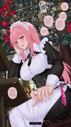 1girl alternate_costume apron black_dress breasts commentary dress english_commentary english_text enmaided frilled_apron frills hanada_yanochi highres hololive indoors large_breasts long_hair looking_at_viewer maid maid_apron maid_headdress mori_calliope pink_eyes pink_hair sitting smile virtual_youtuber waist_apron white_apron wrist_cuffs