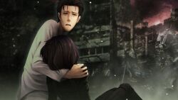 1boy 1girl aged_up arm_around_neck black_hair black_pants bob_cut camouflage camouflage_jacket coat dying facial_hair from_behind frown game_cg highres holding hug huke jacket light_particles long_hair long_sleeves looking_at_another looking_down male_focus multiple_boys night non-web_source official_art okabe_rintarou okabe_rintarou_(beta) open_mouth original outdoors pants ringed_eyes sad short_hair skin_tight sky steins;gate steins;gate_0 teeth tongue upper_teeth_only urushibara_luka yellow_eyes