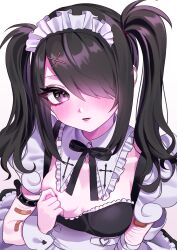 1girl absurdres ame-chan_(needy_girl_overdose) apron arm_belt bandaged_arm bandages black_hair black_ribbon blush breasts clothes_pull cuts detached_collar dress frills hair_ornament hair_over_one_eye heart highres injury m_psycho_83 maid maid_apron maid_headdress nail_polish needy_girl_overdose ribbon self-harm_scar short_sleeves simple_background small_breasts solo teeth twintails upper_teeth_only white_background wrist_cuffs x_hair_ornament