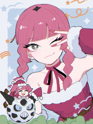 1girl bare_shoulders blush christmas closed_eyes closed_mouth coral_(pokemon) dress eyelashes fang fur-trimmed_dress fur_trim gen_3_pokemon glalie grey_eyes hair_ornament hat highres looking_at_viewer mogutory nintendo one_eye_closed open_mouth pink_hair pokemon pokemon_(anime) pokemon_horizons red_hat santa_costume santa_dress santa_hat sleeveless smile twintails