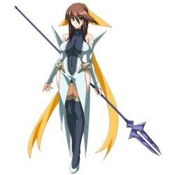 1girl bare_shoulders black_thighhighs breasts brown_hair covered_navel detached_sleeves full_body fushisha_o green_eyes hair_between_eyes hair_ribbon highres holding holding_polearm holding_weapon impossible_clothes kagano_megu large_breasts leotard light_smile long_hair looking_at_viewer mahou_shoujo_ai non-web_source polearm ribbon skin_tight smile solo spear standing thighhighs transparent_background turtleneck weapon yellow_ribbon