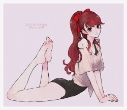 1girl ass barefoot bow english_text feet hair_between_eyes hair_bow hair_ribbon highleg highleg_leotard legs leotard lying on_stomach oui_zen persona persona_5 ponytail red_eyes red_hair ribbon shirt simple_background soles solo twitter_username white_shirt yoshizawa_kasumi