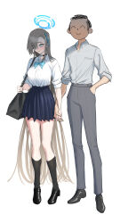Rule 34 | 1boy, 1girl, absurdres, asuna (blue archive), asuna (school uniform) (blue archive), bag, black hair, black shoes, black socks, blonde hair, blue archive, blue eyes, blue halo, blue skirt, blush, breasts, choker, doodle sensei (blue archive), grey pants, hair over one eye, halo, highres, holding hands, interlocked fingers, large breasts, long hair, looking down, looking to the side, meganeura224, pants, pleated skirt, school bag, sensei (blue archive), shirt, shoes, short hair, skirt, sleeves rolled up, smile, socks, thighs, very long hair, white shirt