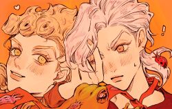 ! 2boys blonde_hair colored_eyelashes earrings food-themed_earrings food_themed_earrings giorno_giovanna hand_in_another&#039;s_hair heart highres jewelry jojo_no_kimyou_na_bouken looking_at_another male_focus multiple_boys necktie okokoro_zaiku one_eye_closed orange_background orange_nails orange_theme pannacotta_fugo red_necktie smile strawberry_earrings stud_earrings surprised sweatdrop vento_aureo victory_rolls white_hair yaoi yellow_eyes