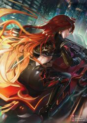 1girl ass biker_clothes bikesuit black_bodysuit black_gloves bodysuit clothing_cutout evvnor genshin_impact gloves highres long_hair looking_at_viewer looking_back mavuika_(genshin_impact) motor_vehicle motorcycle multicolored_eyes multicolored_hair orange_eyes orange_hair red_eyes red_hair riding smile solo