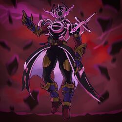 1boy armor armored_bodysuit black_armor black_skirt blurry blurry_background commentary debris evol_blackhole evol_driver evol_trigger full_body helmet highres kamen_rider kamen_rider_build_(series) kamen_rider_evol midair red_background rider_belt skirt solo symbol-only_commentary tokusatsu wani_trt