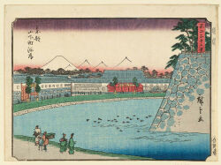 Rule 34 | 19th century, 2girls, 3boys, 6+others, ando hiroshige, bird, black hair, duck, facing away, fine art parody, forest, gradient sky, grass, green kimono, highres, japan, japanese clothes, kimono, looking at another, mount fuji, mountain, multiple boys, multiple girls, multiple others, nature, nihonga, original, outdoors, parody, purple sky, red sky, river, scenery, sky, thirty-six views of mount fuji (hiroshige), traditional media, translation request, tree, ukiyo-e, volcano, walking, water, window