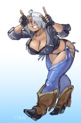 1girl absurdres angel_(kof) ass bend bent_over blue_eyes boots breasts cleavage curvy feet_up female_focus gloves hair_over_one_eye hands_up heel_up highres huge_ass huge_breasts jacket large_breasts leather leather_jacket leg_up looking_at_viewer pale_skin panties ratf short_hair smile smiley_face standing the_king_of_fighters thick_thighs thighs underwear white_hair wide_hips