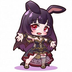 1girl :d absurdres animal_ears black_dress black_hair black_shoes black_wings blush bosuke_(vtuber) breasts chibi cleavage colored_shadow commentary_request dress fishnet_thighhighs fishnets full_body gradient_hair highres indie_virtual_youtuber long_hair looking_at_viewer medium_breasts multicolored_hair open_mouth outstretched_arms purple_hair rabbit_ears red_eyes saishosaisekojo shadow shoes single_thighhigh smile solo standing strapless strapless_dress thighhighs very_long_hair virtual_youtuber white_background wings wrist_cuffs