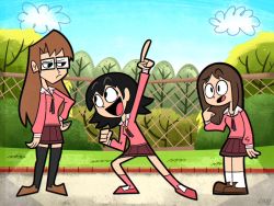 3girls :d artist_name azumanga_daiou black_hair black_legwear bob_cut bolo_tie brown_footwear brown_hair cartoonized chain-link_fence clenched_hand cloud commentary english_commentary excited fence foliage glasses grass hand_on_own_hip highres kasuga_ayumu loafers lolwutburger long_hair long_sleeves looking_at_another medium_hair miniskirt mizuhara_koyomi multiple_girls open_mouth outdoors parody pink_legwear pink_shirt pink_shoes pleated_skirt pointing pointing_at_self pointing_up purple_neckwear purple_skirt raised_eyebrow school_uniform serafuku shirt shoes signature skirt sky smile socks style_parody takino_tomo thick_outlines thighhighs toon_(style) tree unamused white_legwear zettai_ryouiki