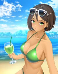 absurdres beach bikini blue_sky breasts challengia cloud cloudy_sky dark-skinned_female dark_skin day drink eyewear_on_head green_bikini green_eyes highres holding holding_drink honchan looking_at_viewer navel nchans ngo2.9_(biggeneral) ocean official_art sky summer sunglasses swimsuit
