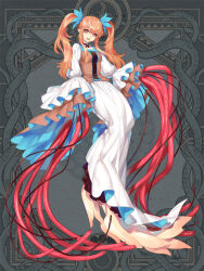 1girl breasts brown_vest dairoku_ryouhei dress ena_(tommy_walker) full_body grey_background long_sleeves looking_at_viewer monster_girl pointy_ears puffy_long_sleeves puffy_sleeves red_eyes small_breasts solo tentacle_hands twintails vest white_dress