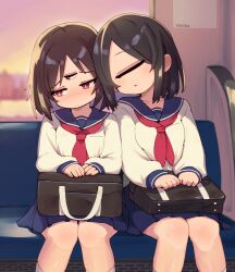 Rule 34 | 2girls, absurdres, averting eyes, bag, black bag, black hair, blue sailor collar, blue skirt, bright pupils, brown hair, closed mouth, commentary request, cyclops, furrowed brow, highres, long sleeves, medium hair, multiple girls, neckerchief, one-eyed, open mouth, original, parted bangs, pleated skirt, red eyes, red neckerchief, sailor collar, school bag, school uniform, serafuku, shirt, sitting, skirt, sleeping, sleeping on person, sleeping upright, tekina (chmr), third eye, unworn bag, white pupils, white shirt