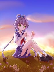 bare_legs envelope from_side green_eyes grey_hair hair_ornament hair_rings highres holding holding_envelope light_smile long_hair looking_at_viewer luo_tianyi pleated_skirt pointzhu sailor_collar school_uniform shoes short_hair_with_long_locks short_sleeves sitting skirt socks staff twintails vocaloid vsinger_(vocaloid) white_socks