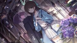 1girl airi_(band)_(blue_archive) airi_(blue_archive) animal_print bag blue_archive blue_jacket blush brown_hair cat_print chamoraile closed_mouth flower green_eyes highres holding holding_bag jacket long_hair official_alternate_costume pleated_skirt purple_flower rain shirt skirt solo white_bag white_shirt white_skirt