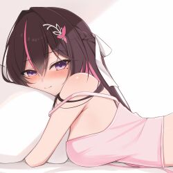 1girl azki_(hololive) blush brown_hair choumei_(qca012005) hair_ornament hairpin highres hololive looking_at_viewer lying mole mole_under_eye on_stomach pillow pink_hair smile solo tank_top white_background