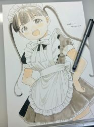 1girl absurdres apron art_tools_in_frame artist_name blunt_bangs blush bow bowtie brown_eyes brown_hair cowboy_shot dated dutch_angle hands_on_own_hips highres ink_(medium) looking_at_viewer maid maid_apron maid_headdress nagomurasan open_mouth original pastel_(medium) pen_(medium) puffy_short_sleeves puffy_sleeves short_sleeves signature simple_background smile solo standing teeth thighhighs traditional_media twintails upper_teeth_only white_apron white_background white_bow white_bowtie white_thighhighs