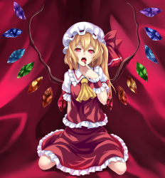 1girl ascot asu_hare bad_id bad_pixiv_id blonde_hair female_focus finger_to_mouth flandre_scarlet hat highres long_hair nail_polish open_mouth red_eyes side_ponytail skirt skirt_set slit_pupils solo embodiment_of_scarlet_devil touhou wings wrist_cuffs
