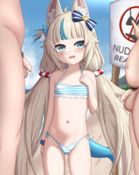 1girl absurdres animal_ear_fluff animal_ears azunyart bar_censor beach bikini blonde_hair blue_bikini blue_eyes blue_hair blurry blurry_background cat_ears censored commentary english_commentary fang fins fish_girl fish_tail flaccid flat_chest foreskin frilled_bikini frills gluteal_fold halterneck highres huge_filesize large_variant_set loli long_hair low_twintails male_pubic_hair multicolored_hair navel one_side_up open_mouth original outdoors penis pubic_hair sameko_saba side-tie_bikini_bottom solo_focus streaked_hair striped_bikini striped_clothes swimsuit tail testicles twintails variant_set very_long_hair virtual_youtuber