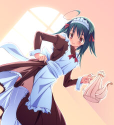 1girl 2000s_(style) apron bow bowtie brown_dress closed_mouth commentary_request cowboy_shot cowlick dodorz dress dutch_angle golden_lore green_hair hair_bow hand_on_own_hip holding holding_teapot maid maid_headdress medium_hair pink_eyes red_bow red_bowtie smile solo teapot thighhighs white_apron white_thighhighs