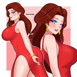 1girl bangle bare_shoulders blue_eyes bracelet breasts brown_hair circlet clothing_cutout donkey_kong_(series) dress earrings eyeliner gold_bracelet gold_earrings jewelry large_breasts large_earrings light_smile long_hair looking_at_viewer makeup mario_(series) moxridey multiple_expressions multiple_views nintendo one_eye_closed pauline_(mario) pink_eyeliner red_dress red_lips side_cutout side_slit sideways_glance sleeveless sleeveless_dress solo_focus thighs twitter_username
