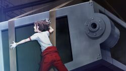 Rule 34 | 1girl, brown hair, closed eyes, clothes pull, exhausted, from behind, fukuda tomonori, game cg, gloves, gym uniform, hair between eyes, high ponytail, highres, indoors, non-web source, official art, open mouth, overalls, overalls rolled up, ponytail, ponytail with braided base, pushing, pushing away, red overalls, red sleeves, red trim, robotics;notes, senomiya akiho, shirt, short sleeves, sidelocks, solo, white gloves, white shirt, work gloves