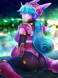 1girl android ass blue_eyes blush breasts capcom city_lights female_focus green_hair helmet highres kiwakiwa large_breasts long_hair looking_at_viewer looking_back marino_(mega_man) mega_man_(series) mega_man_x:_command_mission mega_man_x_(series) ponytail sitting smile solo wariza