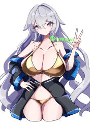 Rule 34 | 1girl, absurdres, bikini, black jacket, breasts, bronya zaychik, bronya zaychik (silverwing: n-ex), cleavage, collarbone, commentary request, cropped legs, gold bikini, grey eyes, grey hair, highres, honkai (series), honkai impact 3rd, huge breasts, jacket, large breasts, long hair, looking at viewer, multicolored hair, navel, royo21294110, simple background, solo, stomach, swimsuit, thighs, two-tone hair, v, very long hair, white background