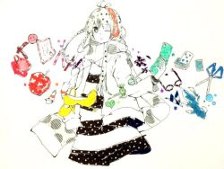 1girl antenna_hair apple asagi_kino black_dress brown_eyes candy card commentary_request cropped_torso cup dress floating floating_object food fruit glasses hand_up headphones high_heels holding holding_phone horizontal-striped_clothes horizontal-striped_dress jacket long_sidelocks masking_tape_(medium) mixed_media one_eye_closed paint_tube paper_airplane phone playing_card rainbow_order scarf scissors shoes sidelocks single_sidelock solo striped_clothes striped_dress strobe_last_(vocaloid) teacup traditional_media two-tone_dress unconventional_media unworn_shoes white_dress white_hair white_jacket white_scarf yellow_shoes