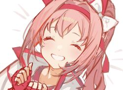 1girl ^_^ animal_ears bow clenched_hands closed_eyes commentary ear_bow ear_covers english_commentary fingerless_gloves gloves grin hair_intakes haru_urara_(umamusume) headband high_collar highres horse_ears horse_girl jacket long_hair pink_gloves pink_hair pink_headband ponytail red_gloves shirt smile solo soybean_(hisoybean) teeth umamusume white_bow white_jacket white_shirt