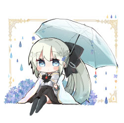 1girl black_ribbon black_skirt black_thighhighs blue_eyes blush bow bowtie braid brooch chibi cloak closed_mouth commentary cropped_legs dot_mouth fate/grand_order fate_(series) flower_bush gem hair_ribbon half_up_braid high-waist_skirt holding holding_umbrella hood hood_down hooded_cloak jewelry long_hair looking_at_viewer morgan_le_fay_(chaldea_satellite_station)_(fate) morgan_le_fay_(fate) no_nose ponytail red_gemstone ribbon shio_kuzumochi sitting skirt solo thighhighs translucent umbrella very_long_hair water_drop white_background white_cloak white_hair
