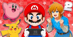 2boys absurdres gen_1_pokemon highres hitokiwa_kenchin hoshi_no_kirby:_mugen_no_haguruma_o_sagase! kirby kirby_(series) link mario mario_(series) multiple_boys nintendo nintendo_switch_2 pikachu pokemon the_legend_of_zelda the_legend_of_zelda:_breath_of_the_wild