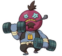 Rule 34 | 1boy, beard, black pants, brown hair, dumbbell, exercising, facial hair, full body, gikkuriotoko, highres, holding, holding dumbbell, looking at viewer, official art, pants, simple background, smoking pipe, solo, weightlifting, white background, youkai (youkai watch), youkai watch