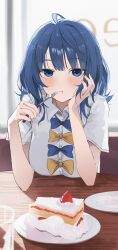 1girl absurdres ahoge blue_bow blue_bowtie blue_eyes blue_hair blush bow bowtie breast_rest breasts cake cake_slice collared_shirt commentary eimizzzzz elbow_rest food fork fruit head_rest highres holding holding_fork indoors looking_at_viewer make_heroine_ga_oo_sugiru! medium_hair plate pout school_uniform shirt short_sleeves solo strawberry strawberry_shortcake summer_uniform table tsuwabuki_high_school_uniform white_shirt window yanami_anna yellow_bow yellow_bowtie