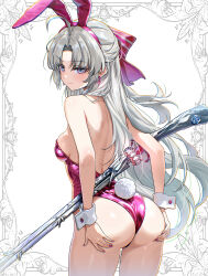 1girl absurdres ahoge alternate_costume animal_ear_hairband animal_ears aqua_eyes armpit_crease ass ass_support bare_shoulders blush bow breasts carlotta_(wuthering_waves) chromatic_aberration closed_mouth commentary cowboy_shot earrings fake_animal_ears from_behind grey_hair gun hair_bow hairband highres jewelry leotard long_hair looking_at_viewer looking_back median_furrow medium_breasts multicolored_eyes nail_polish pink_bow pink_eyes pink_nails playboy_bunny rabbit_ear_hairband rabbit_ears rifle shoulder_blades smile solo striped_bow two-tone_eyes umamipesto very_long_hair weapon white_wrist_cuffs wrist_cuffs wuthering_waves
