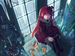 1boy black_boots black_dress blue_eyes boots chandelier closed_mouth cup dress frilled_dress frills from_above glass_plate hat icicle long_hair looking_at_viewer mini_hat mini_top_hat namine_ritsu piano_print plate red_hair red_nails sitting smile solo teacup teapot top_hat trap umu_(pixiv2396283) utau window