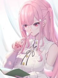1girl book buttons center_frills clothing_cutout collared_shirt flower frills glasses hair_flower hair_ornament hareteruya highres holding holding_book holding_pen hololive hololive_english long_hair long_sleeves mori_calliope mori_calliope_(kawaiiope) open_book pen pink_eyes pink_hair shirt shoulder_cutout solo upper_body virtual_youtuber white_flower white_shirt