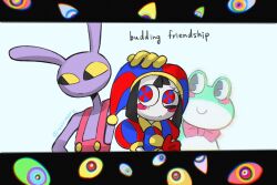 1boy 1girl animal_ears black_eyes black_hair blue_eyes blush_stickers colored_sclera colored_skin commentary_request gloves hand_on_another&#039;s_head hand_on_own_arm hat highres itokirimaru jax_(the_amazing_digital_circus) jester_cap multicolored_eyes pomni_(the_amazing_digital_circus) puffy_short_sleeves puffy_sleeves rabbit_boy rabbit_ears red_eyes red_gloves ribbit_(the_amazing_digital_circus) short_sleeves signature striped_clothes the_amazing_digital_circus two-tone_eyes white_skin yellow_sclera