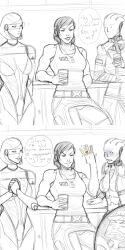 3girls commander_shepard commander_shepard_(female) drink edi_(mass_effect) english_text greyscale holding holding_drink jealous jealousy jeff_moreau jewelry joker_(mass_effect) liara_t&#039;soni mass_effect_(series) monochrome multiple_girls muscular muscular_female ring speech_bubble tank_top tumblr tumblr_username wedding_ring white_background