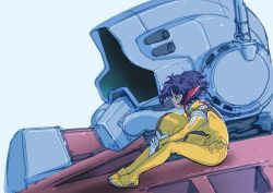 1girl assault_visor bodysuit commentary_request full_body gelgoog_(gquuuuuux) gundam gundam_gquuuuuux helmet highres holding holding_helmet looking_to_the_side mecha mecha_pilot_suit mobile_suit necktie normal_suit_(gundam) purple_hair red_necktie robot science_fiction shiiko_sugai short_hair signature sitting solo unworn_headwear unworn_helmet wind yellow_bodysuit yonemura_kouichirou