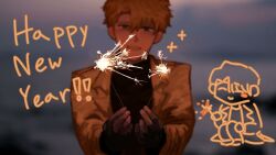 1boy black_eyes black_gloves black_shirt blonde_hair blurry blurry_background coat curtained_hair doodle_inset fingerless_gloves fireworks gloves grin happy_new_year highres holding holding_fireworks kkoma94 lee_hakhyun male_focus new_year omniscient_reader&#039;s_viewpoint orange_coat shirt short_hair smile solo sparkle sparkler sparkling_eyes swept_bangs