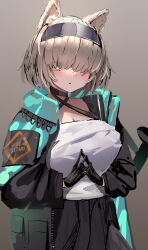 absurdres animal_ear_fluff aqua_coat arknights black_choker black_coat black_gloves black_hairband black_skirt blush bob_cut breasts brown_background brown_eyes brown_hair cat_girl choker clothes_writing coat commentary cowboy_shot criss-cross_halter emblem english_text gloves gradient_background hair_over_eyes hairband halterneck highres large_breasts light_brown_hair lycoris-fullbloom multicolored_coat nose_blush open_clothes open_coat own_hands_together parted_lips pleated_skirt reserve_operator_guard_(arknights) shirt short_hair sketch skirt standing steepled_fingers two-tone_coat white_shirt