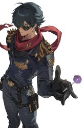 1boy animal_print belt belt_buckle black_belt black_gloves black_jacket black_pants buckle candy food gloves green_eyes green_hair hair_over_one_eye hashibiro_kou_(garapiko_p) highres holding holding_candy holding_food holding_lollipop jacket leather leather_jacket lighter_(zenless_zone_zero) lollipop looking_at_viewer pants red_scarf scarf shoulder_spikes simple_background smile solo spiked_belt spiked_jacket spikes studded_gloves sunglasses tiger_print torn_clothes torn_scarf white_background zenless_zone_zero