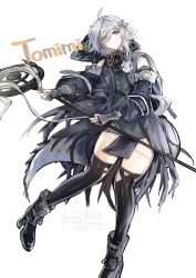 1girl ahoge arknights bare_shoulders black_boots black_sleeves black_thighhighs boots character_name closed_mouth commentary detached_sleeves expressionless full_body gloves grey_gloves grey_hair grey_tail hair_over_one_eye highres holding knee_boots long_hair long_sleeves looking_at_viewer partially_fingerless_gloves simple_background solo tail thighhighs tomimi_(arknights) tukaima very_long_hair white_background yellow_eyes
