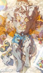 1boy abs absurdres animal_ears armpit_hair armpits arms_behind_head ball bara barefoot beach beachball blue_shorts bottle braid claws closed_mouth cooler copyright_logo dislyte from_above furry furry_male highres incredibly_absurdres javid_(shamash)_(dislyte) javid_(shamash)_(ventus_waltz)_(dislyte) lion_boy lion_ears lion_mane lion_tail looking_at_viewer lying male_focus merchandise_available muscular muscular_male navel nipples official_alternate_costume official_art on_back pectorals rayoriens sand sandals shorts smile soda surfboard tail topless_male unworn_sandals