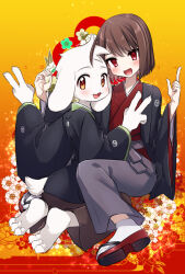 1boy 1other alternate_costume asriel_dreemurr barefoot black_kimono blush brown_hair chara_(undertale) goat_boy highres japanese_clothes kimono leftporygon open_mouth short_hair smile socks undertale v white_socks